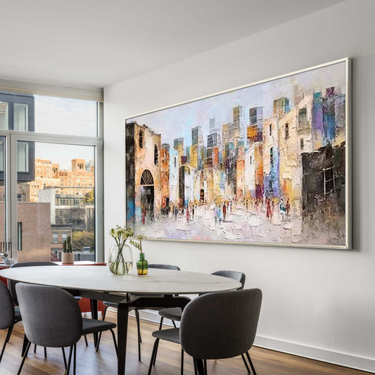 Abstract colorful New York City skyline painting with textured brushwork and modern skyscrapers
