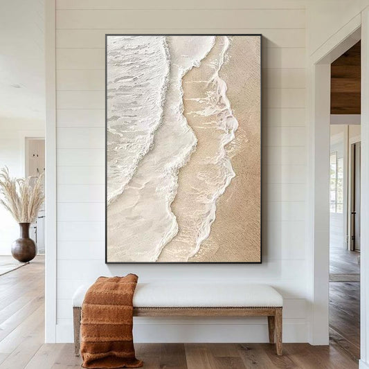 sandy Beige ocean wall art with textured white waves and sandy shoreline