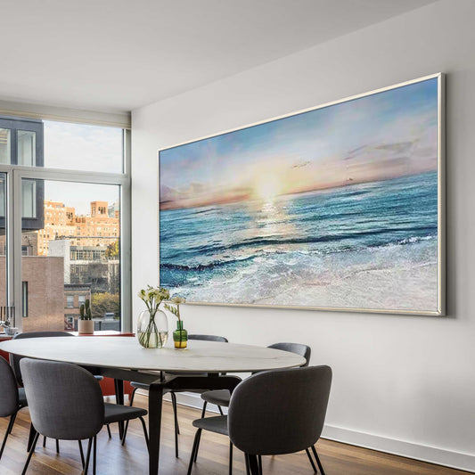 Modern ocean sunset wall art with blue waves and coastal landscape