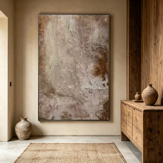 Neutral abstract canvas painting with subtle gold textured details