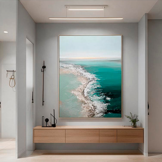 Teal coastal canvas painting for organic modern living room