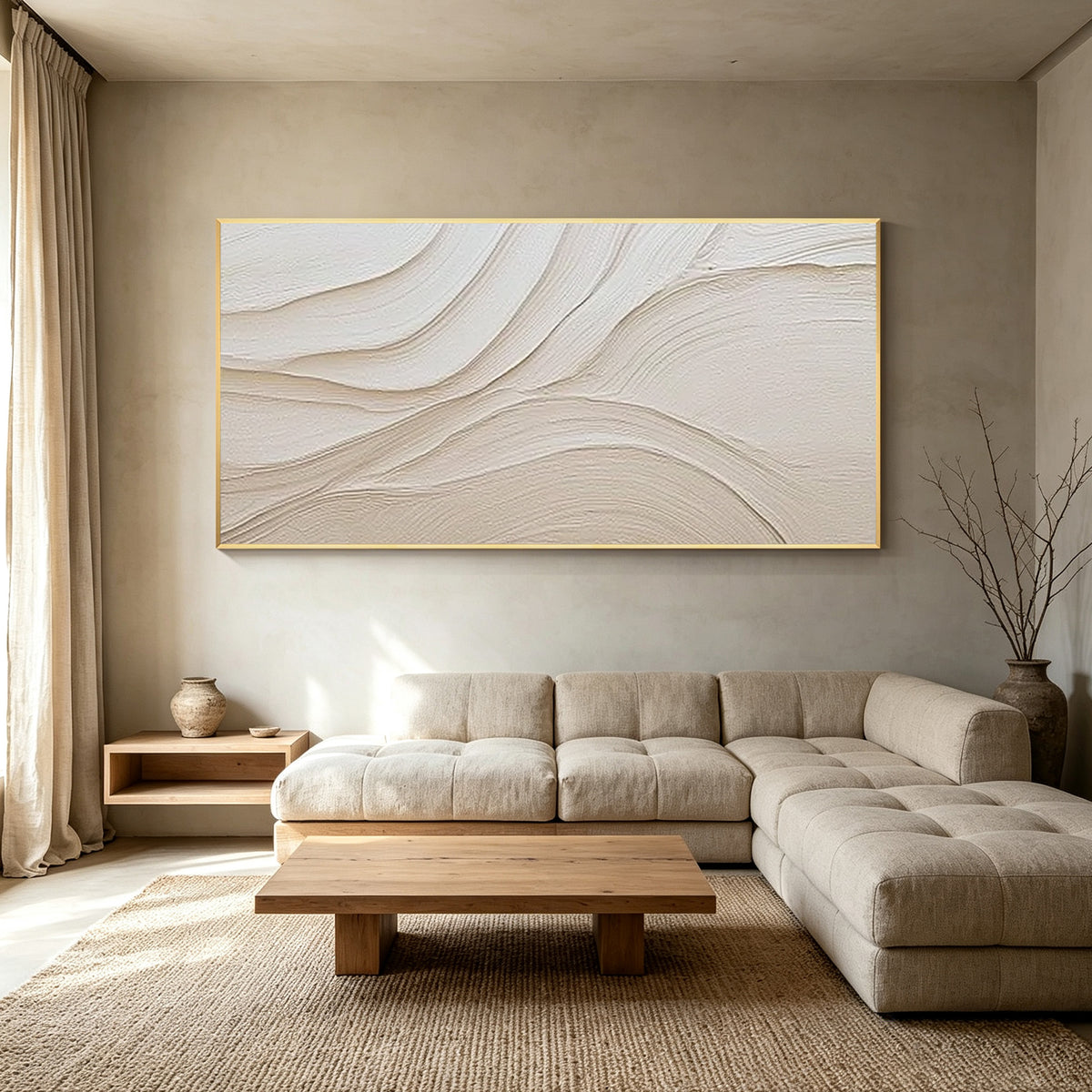 Framed textured canvas artwork with soft beige ivory colors