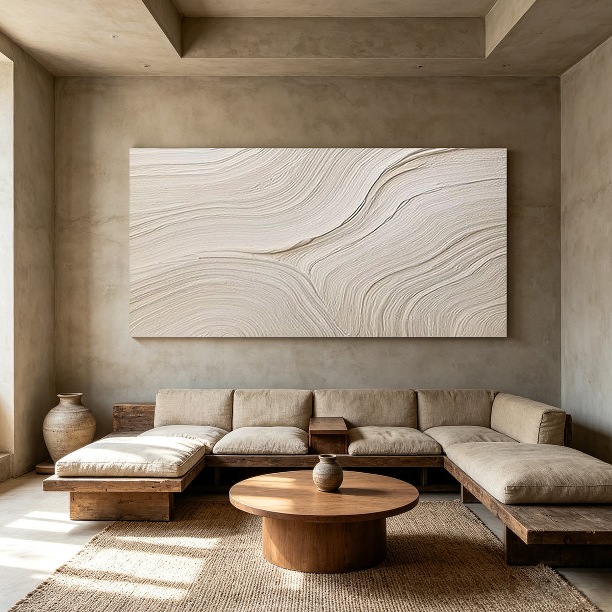 Large ivory abstract wall art with raised plaster texture details