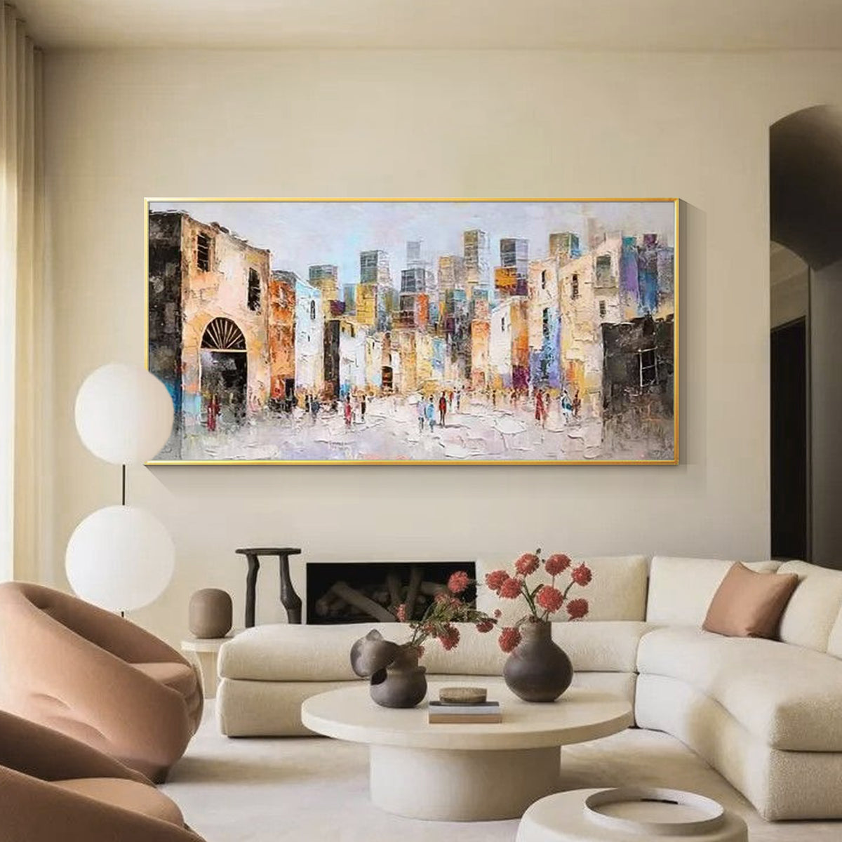 Large colorful urban oil painting displayed above a modern living room sofa