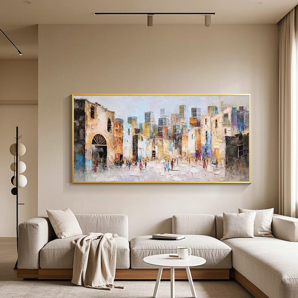New York City inspired skyline artwork with warm pastel buildings and expressive oil paint texture