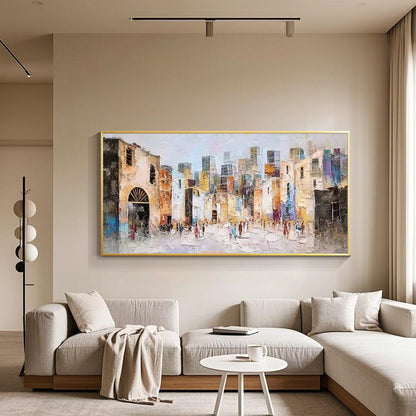 New York City inspired skyline artwork with warm pastel buildings and expressive oil paint texture