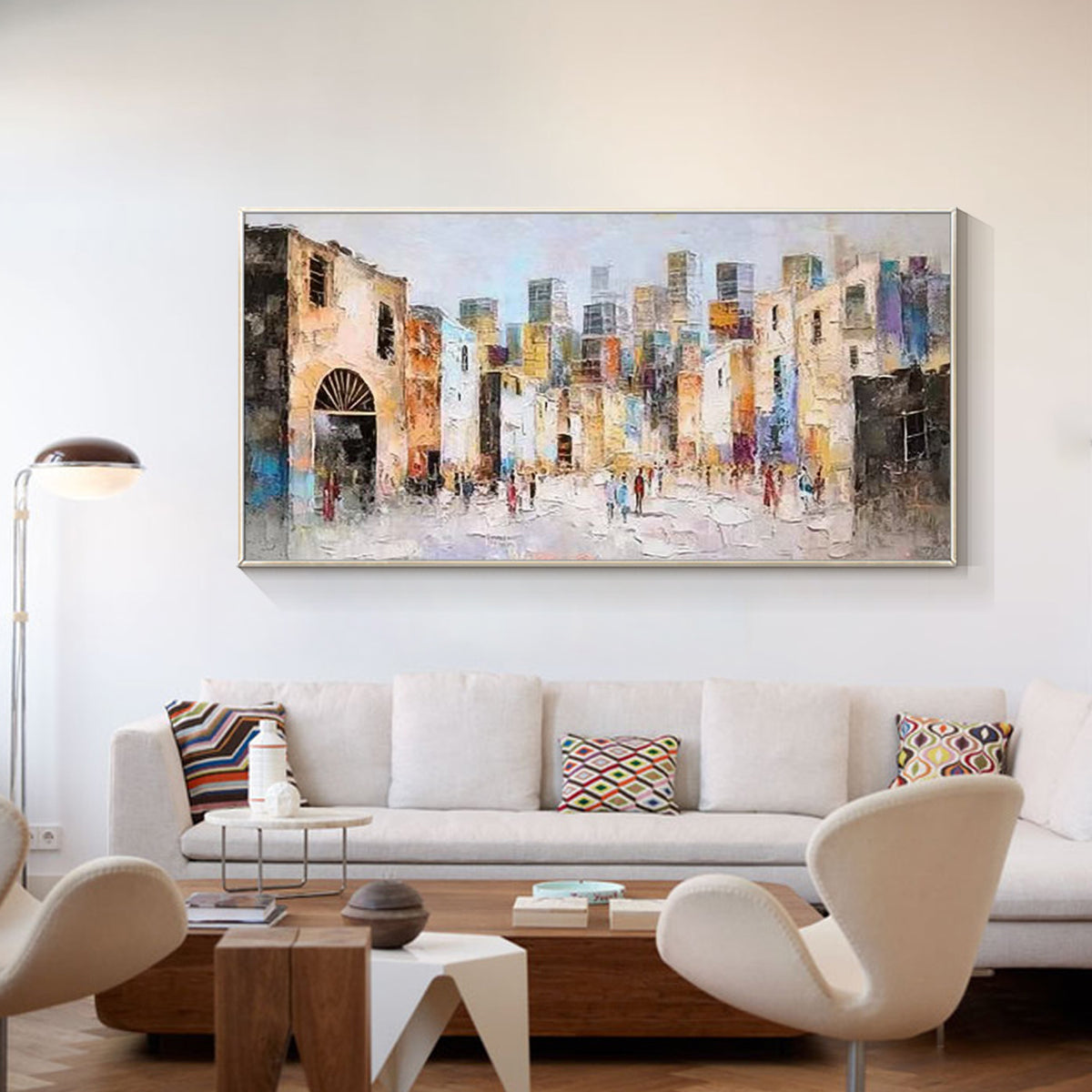 Hand painted cityscape wall art featuring colorful downtown buildings in a contemporary interior