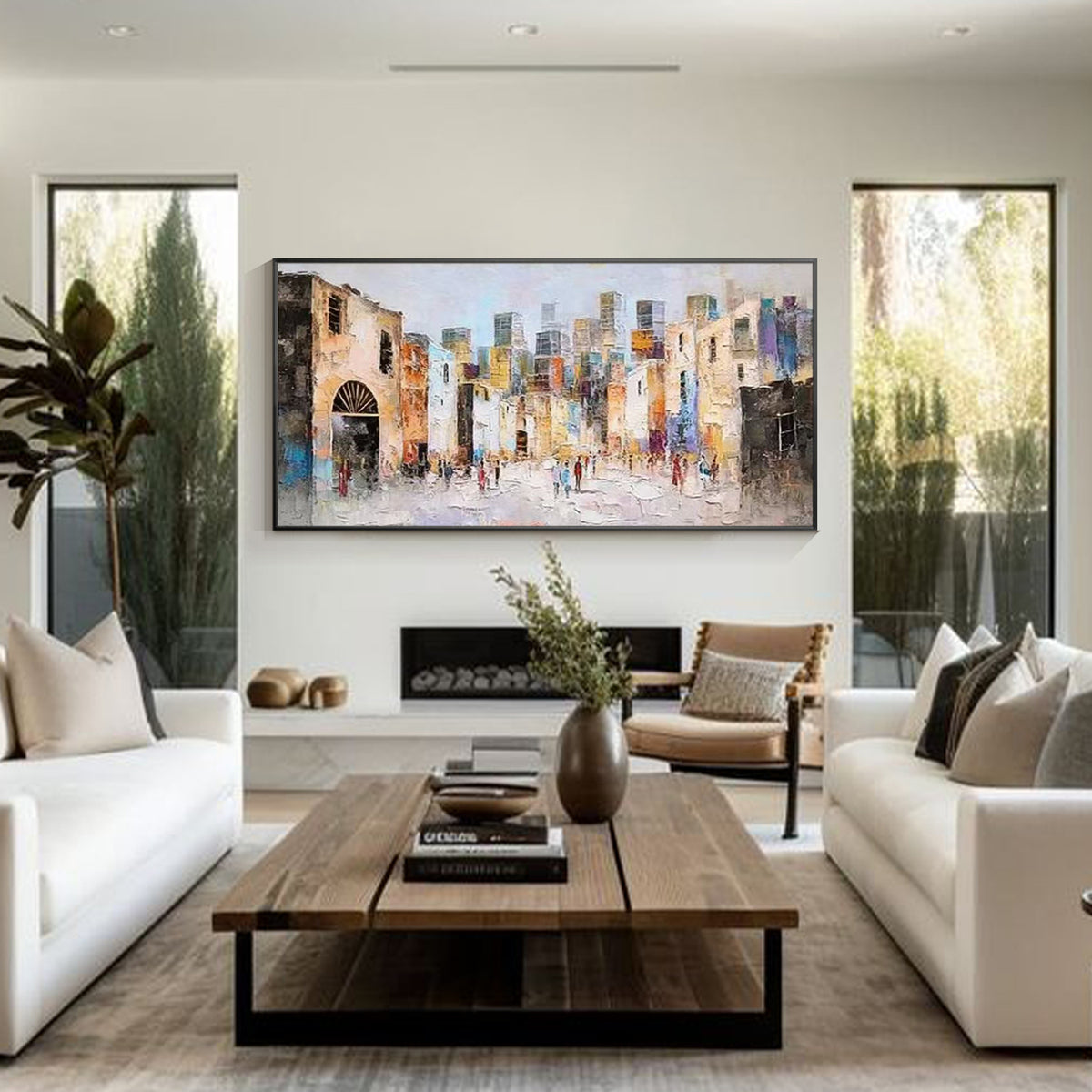 Contemporary cityscape oil painting showing a vibrant downtown street and distant skyscrapers
