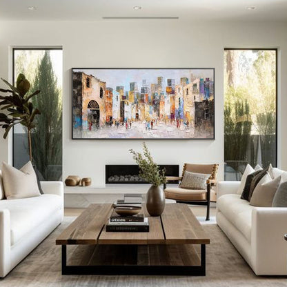 Contemporary cityscape oil painting showing a vibrant downtown street and distant skyscrapers