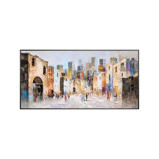 Colorful handmade New York City inspired oil painting on canvas with urban buildings and street scene