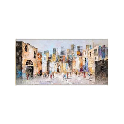 Large New York inspired city wall art styled above a neutral modern living room fireplace