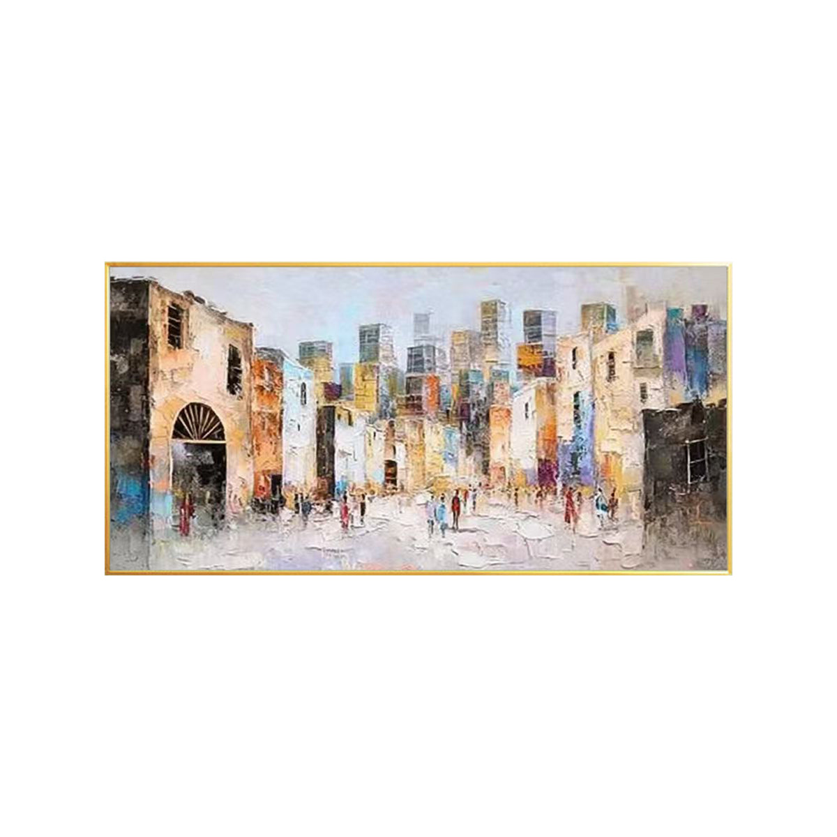 Colorful handmade canvas wall art featuring an abstract urban skyline and architectural details