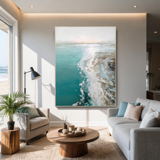 Large teal ocean wall art featuring a hand-painted textured coastal seascape for a modern living room.