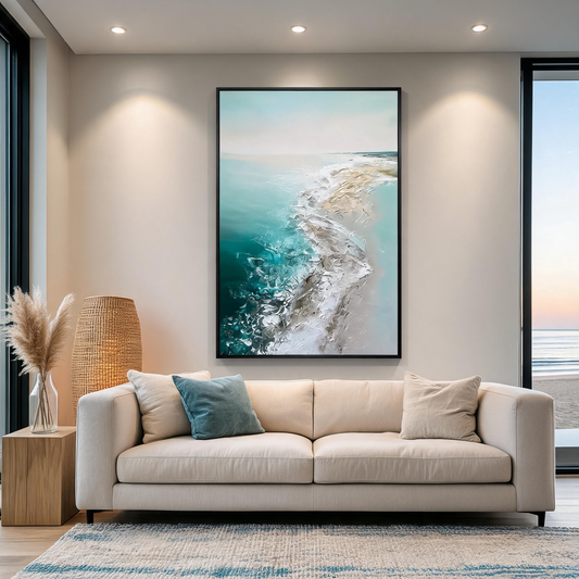 Abstract teal coastal canvas painting inspired by ocean waves and sandy beaches.
