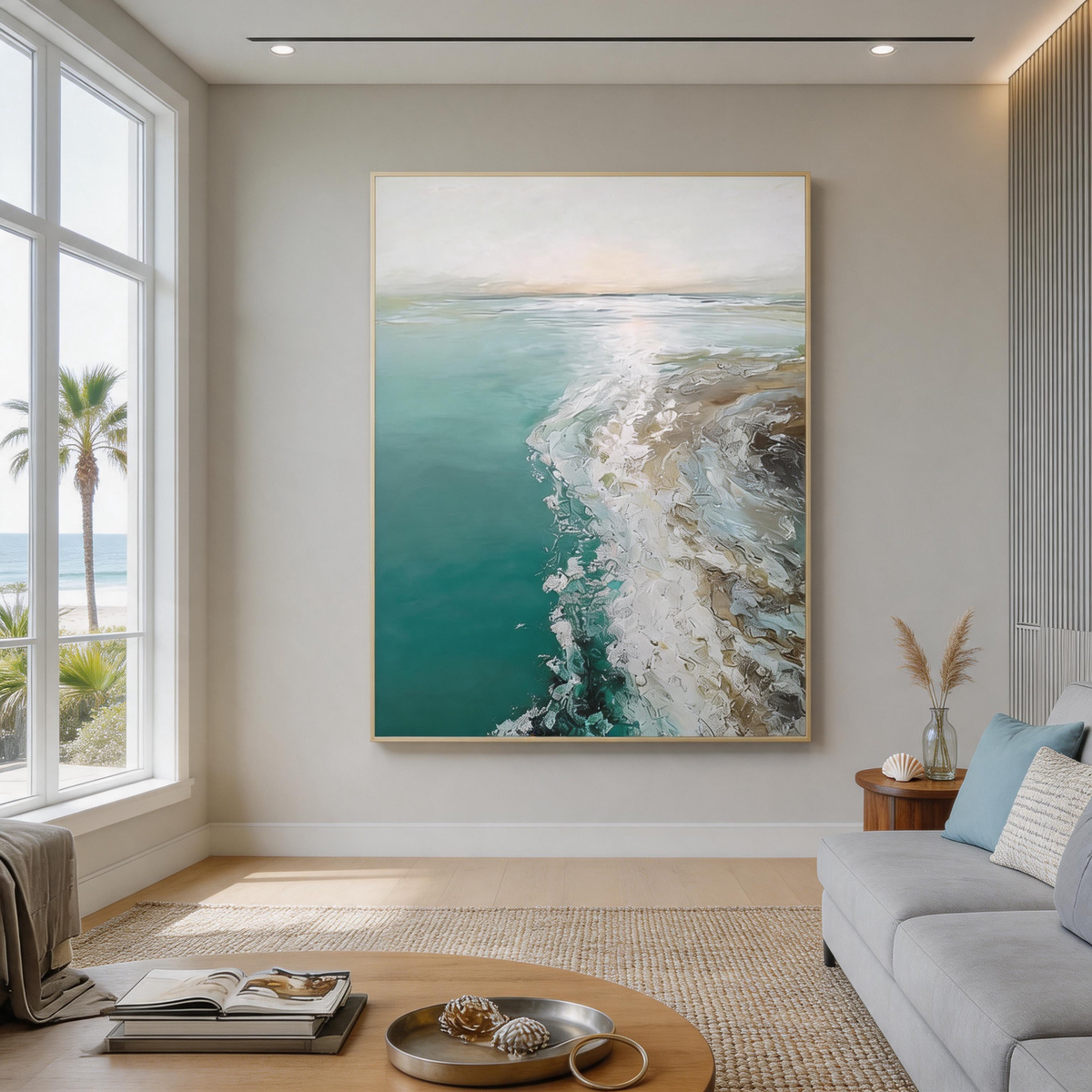 Large coastal seascape artwork for beach house living room and modern home decor.