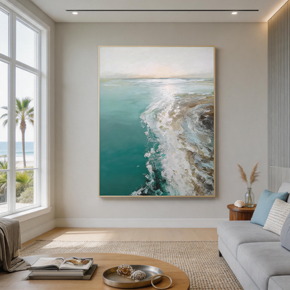 Large coastal seascape artwork for beach house living room and modern home decor.