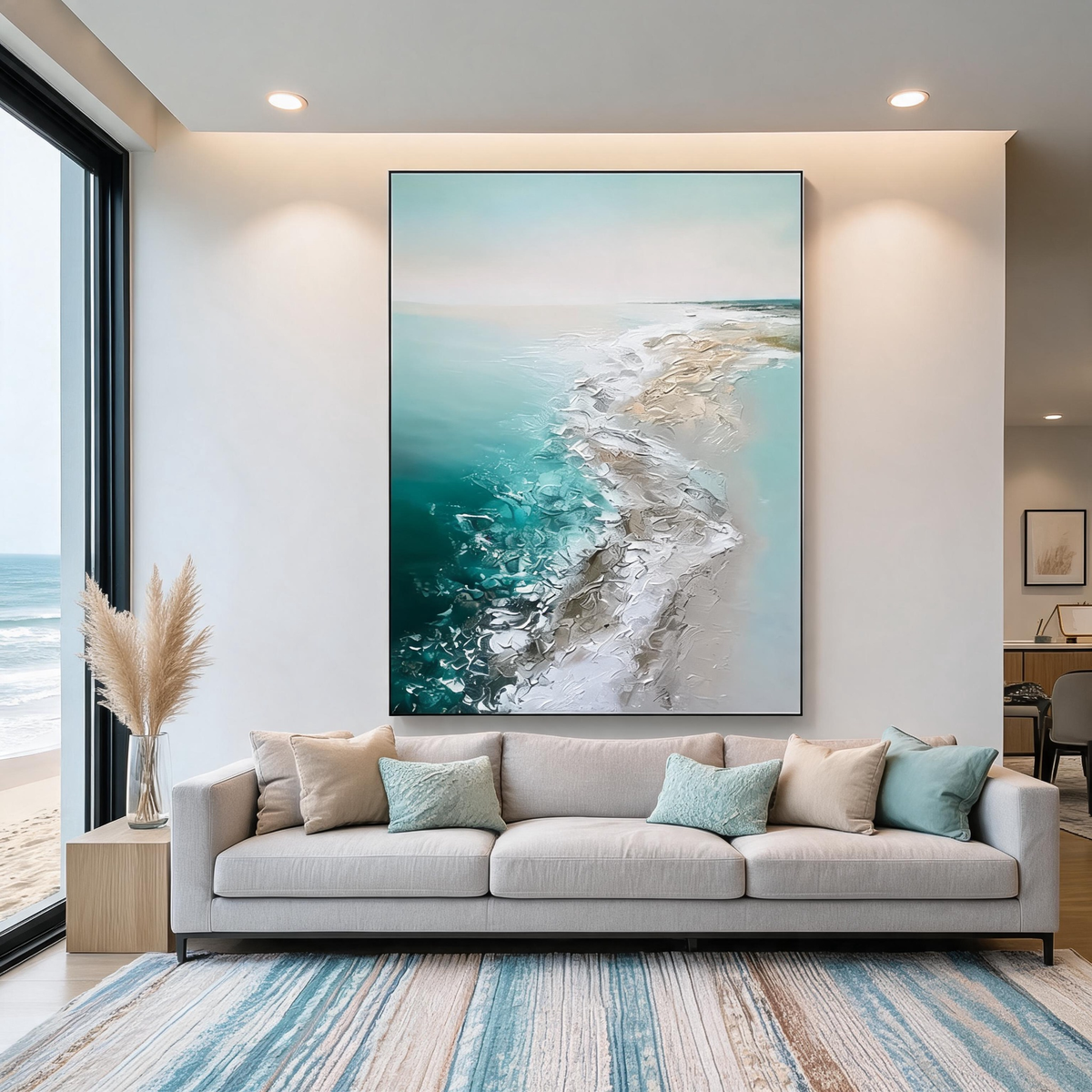 Abstract teal coastal canvas painting inspired by ocean waves and sandy beaches.