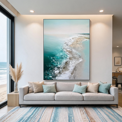 Abstract teal coastal canvas painting inspired by ocean waves and sandy beaches.