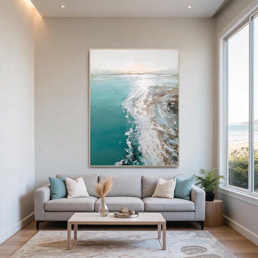 Abstract teal coastal canvas painting inspired by ocean waves and sandy beaches.