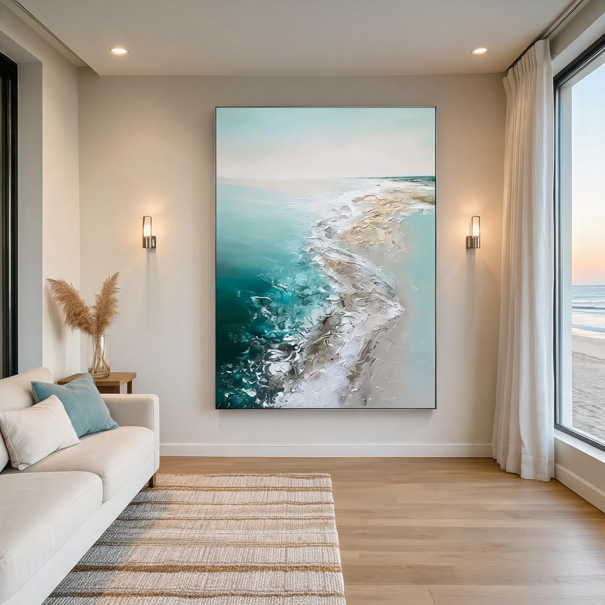 Textured ocean canvas painting in teal, beige, and white for contemporary interiors.