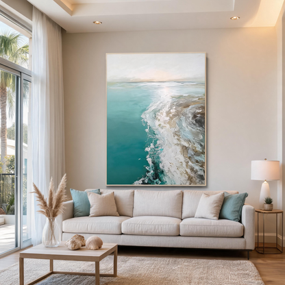 Textured ocean canvas painting in teal, beige, and white for contemporary interiors.