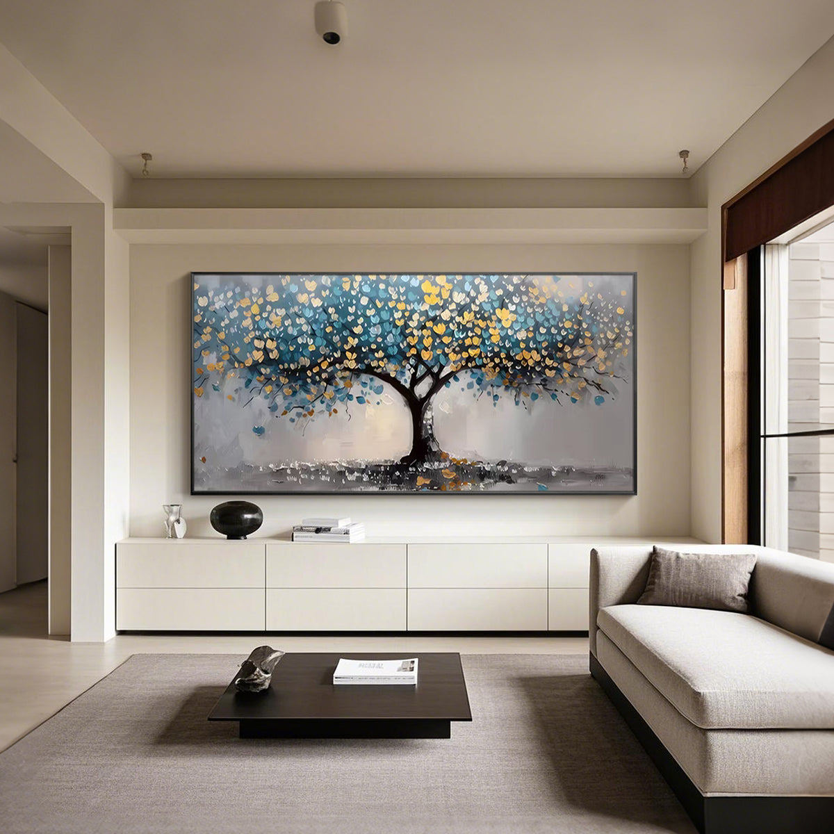 Textured blue and gold nature wall art on canvas