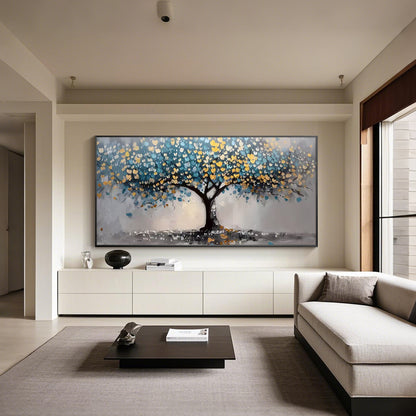 Textured blue and gold nature wall art on canvas