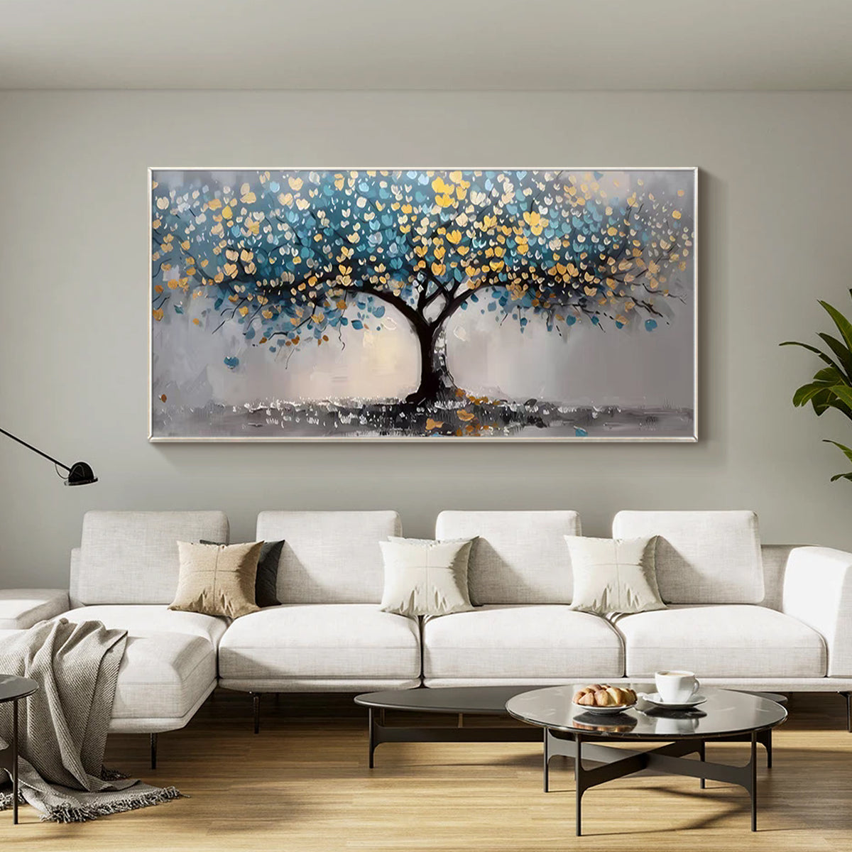 Blue gold canvas artwork with textured Tree of Life design