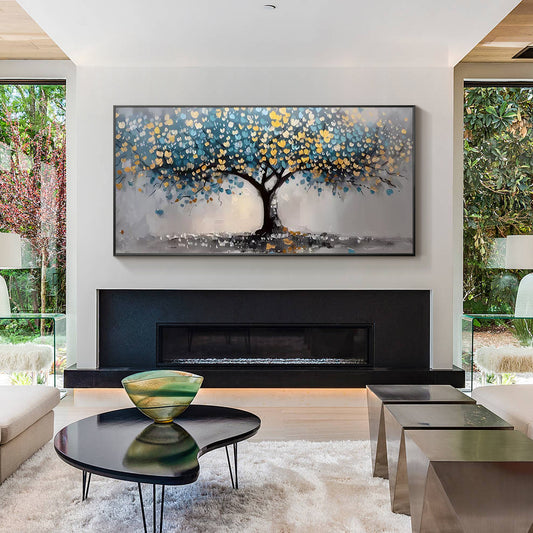 Textured Tree of Life wall art in blue and gold tones