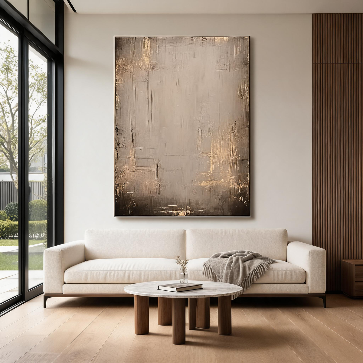 Neutral earth tone wall decor with elegant gold details
