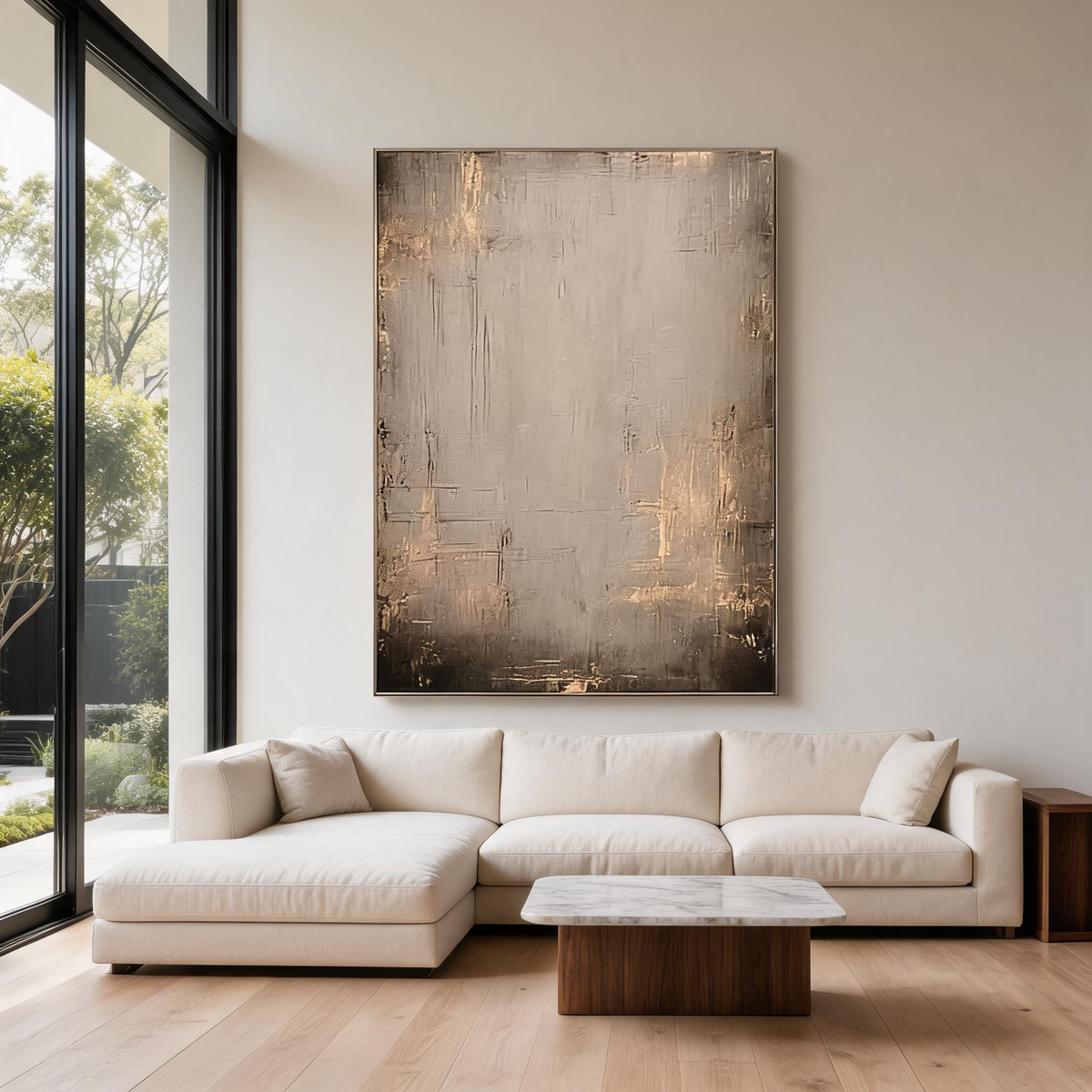 Contemporary abstract painting in warm brown and golden tones