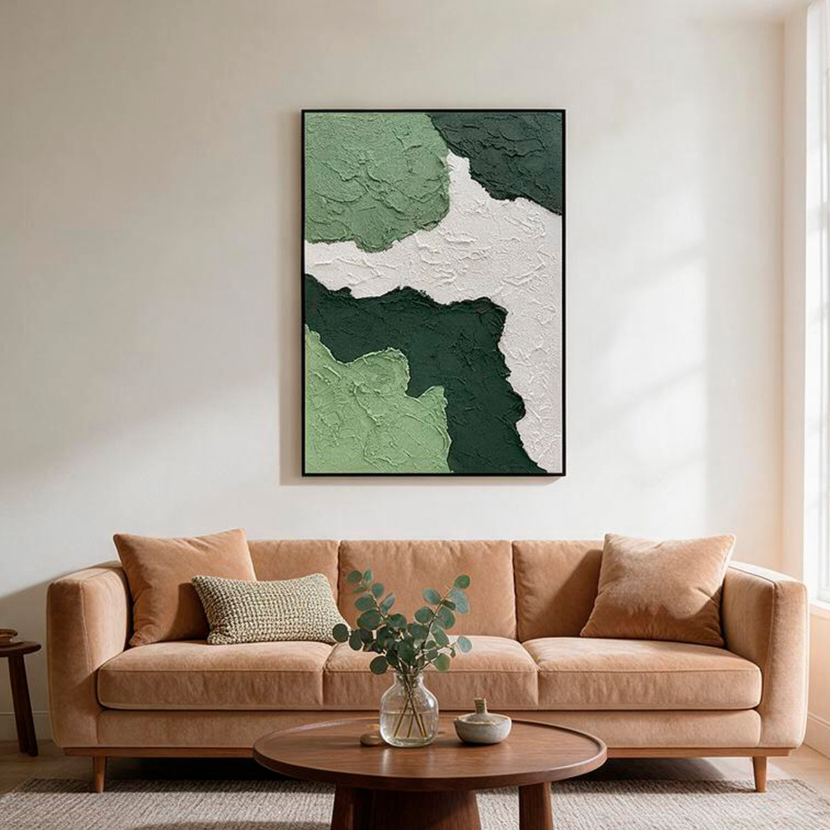 Minimalist sage green wall art above modern living room sofa
