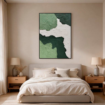 Minimalist sage green wall art above modern living room sofa