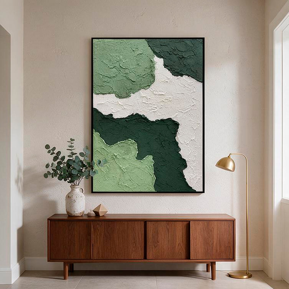 Large sage green abstract wall art with sand textured canvas