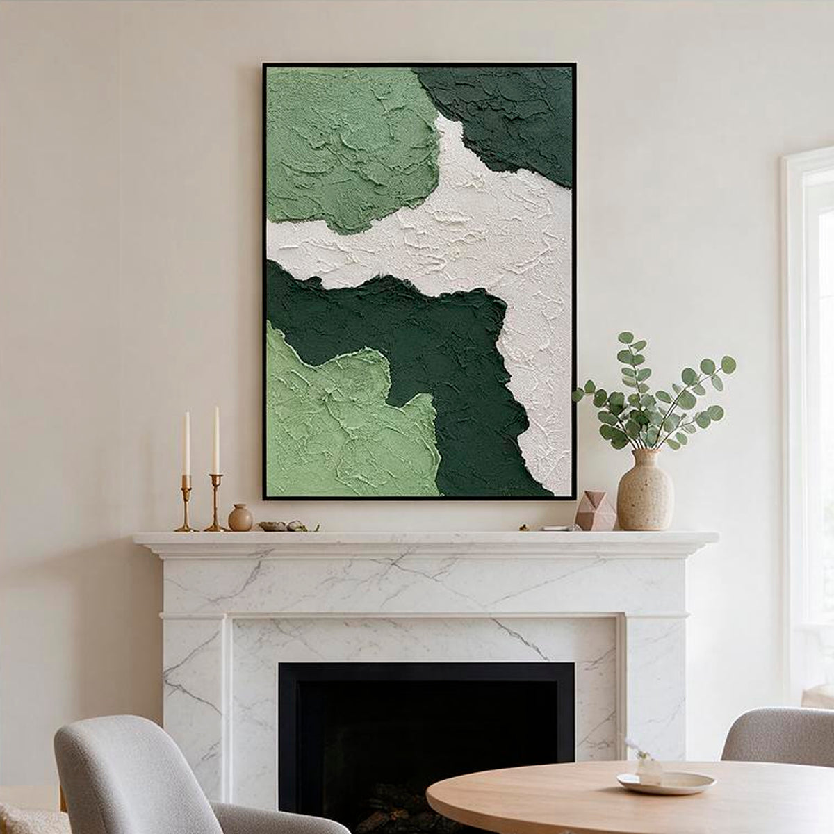 Sage green textured painting for minimalist living room decor