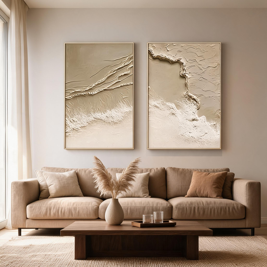 Set of 2 beige ocean wall art with textured wave details
