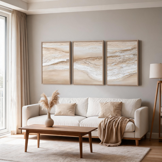 Large beige beach wave triptych canvas wall art