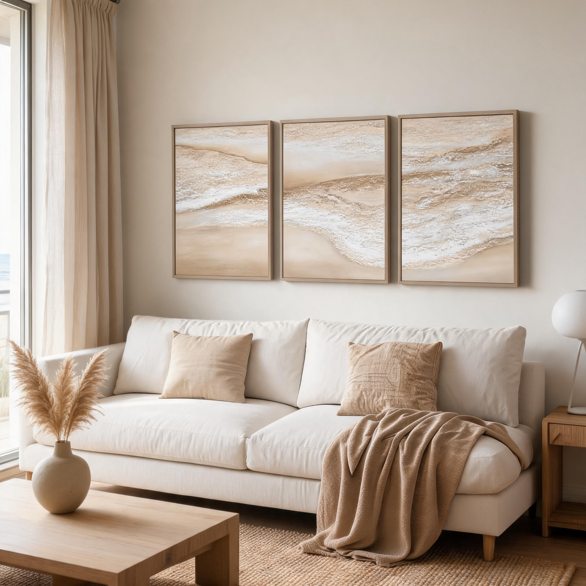 Textured beige seascape triptych for modern bedroom