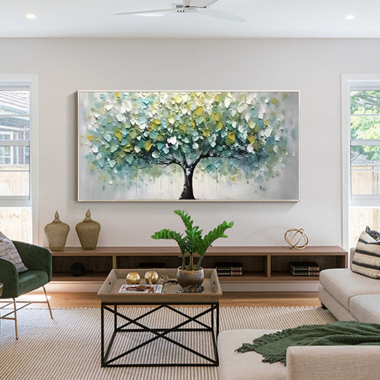 Teal gray yellow Tree of Life canvas painting for modern home decor