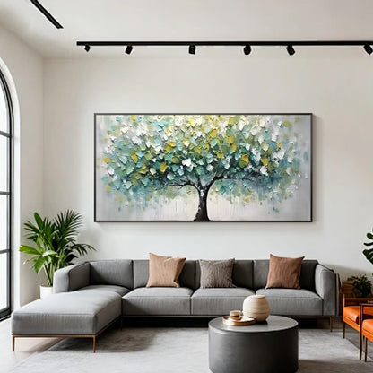 Colorful Tree of Life canvas artwork with teal and yellow tones