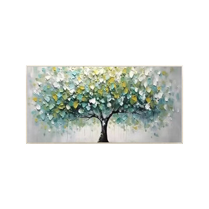 Large teal and gray canvas wall art with yellow accents