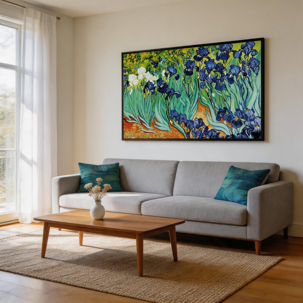 Botanical canvas artwork featuring blooming blue irises in an impressionist style.