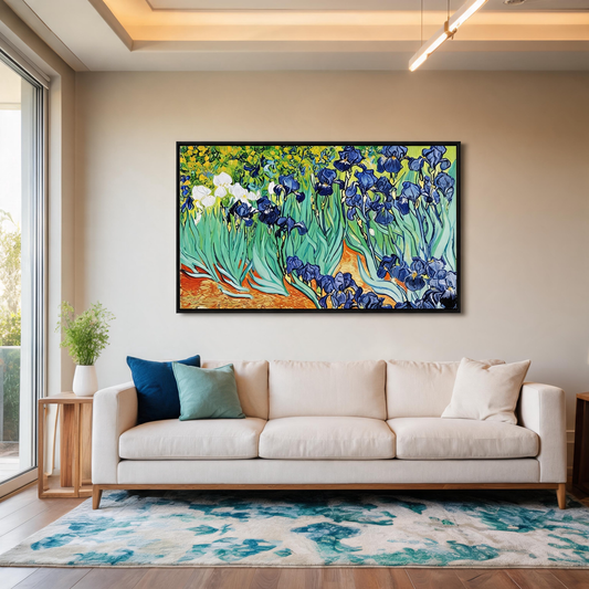 Large blue iris floral wall art inspired by Van Gogh for living room decor.