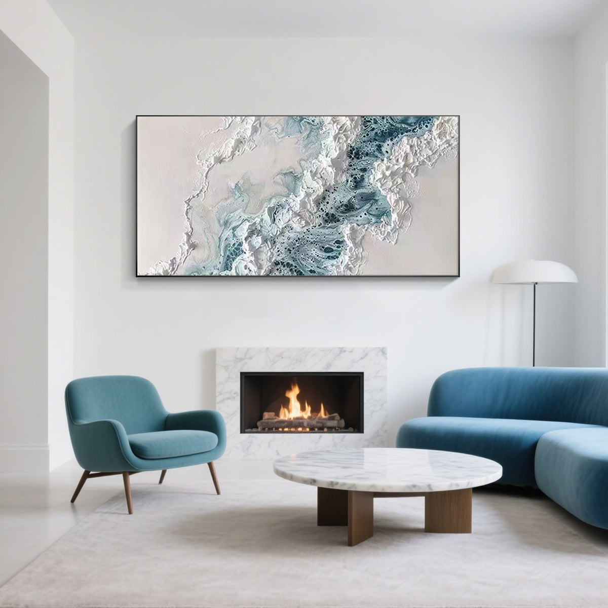 Luxury ocean inspired abstract painting with blue gray textures on canvas