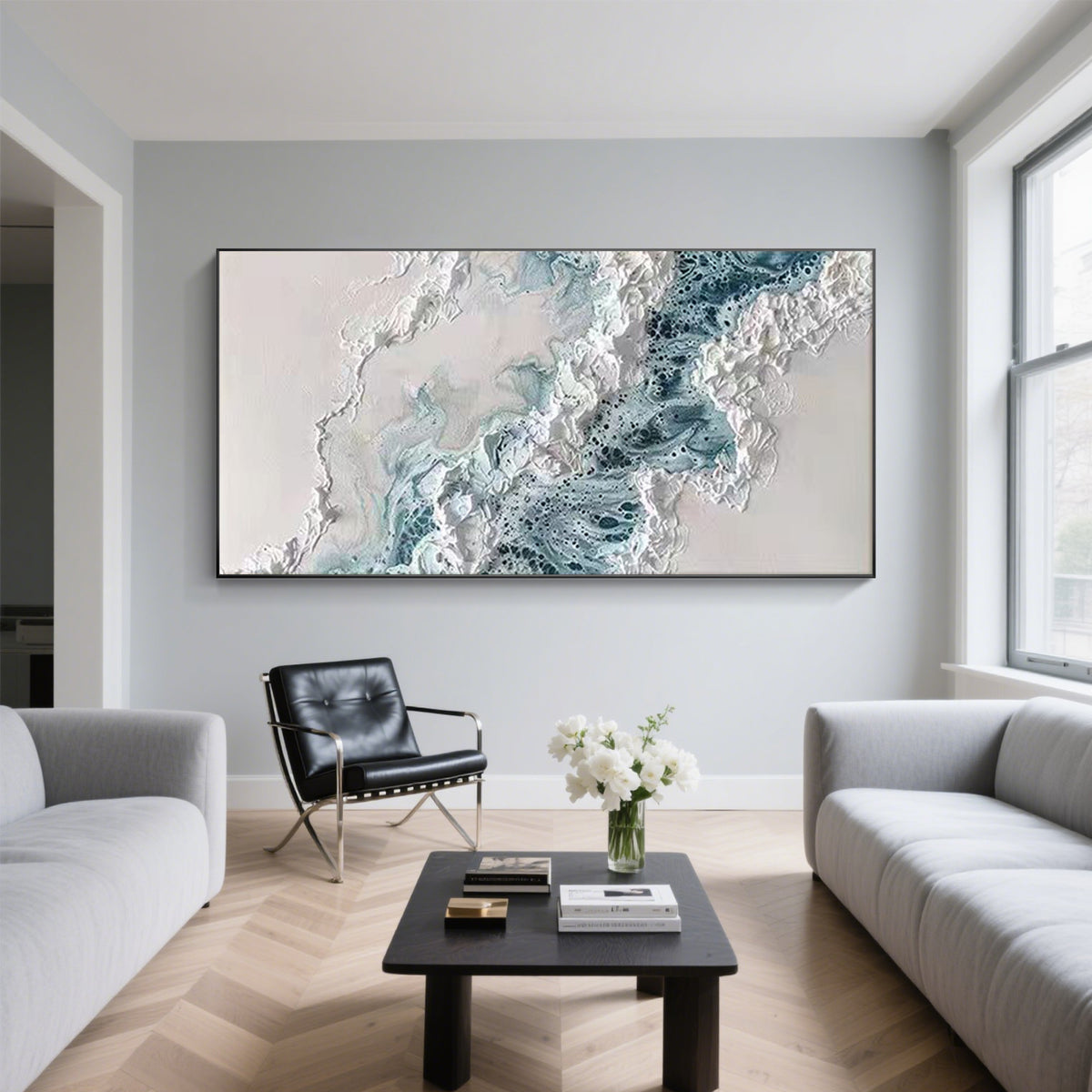 Contemporary abstract wall art featuring white and navy blue acrylic texture