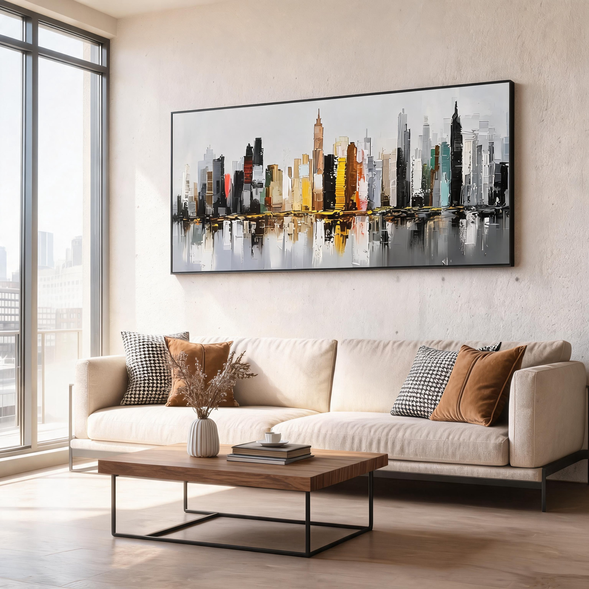 Modern city skyline wall art for contemporary living room decor