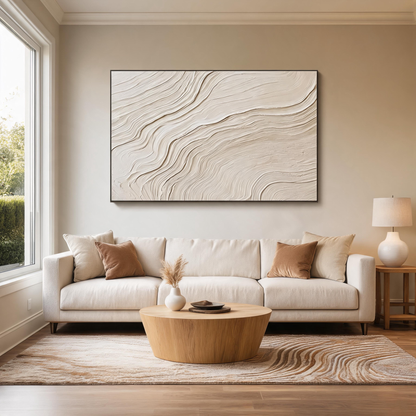 Large beige textured wall art with minimalist abstract design