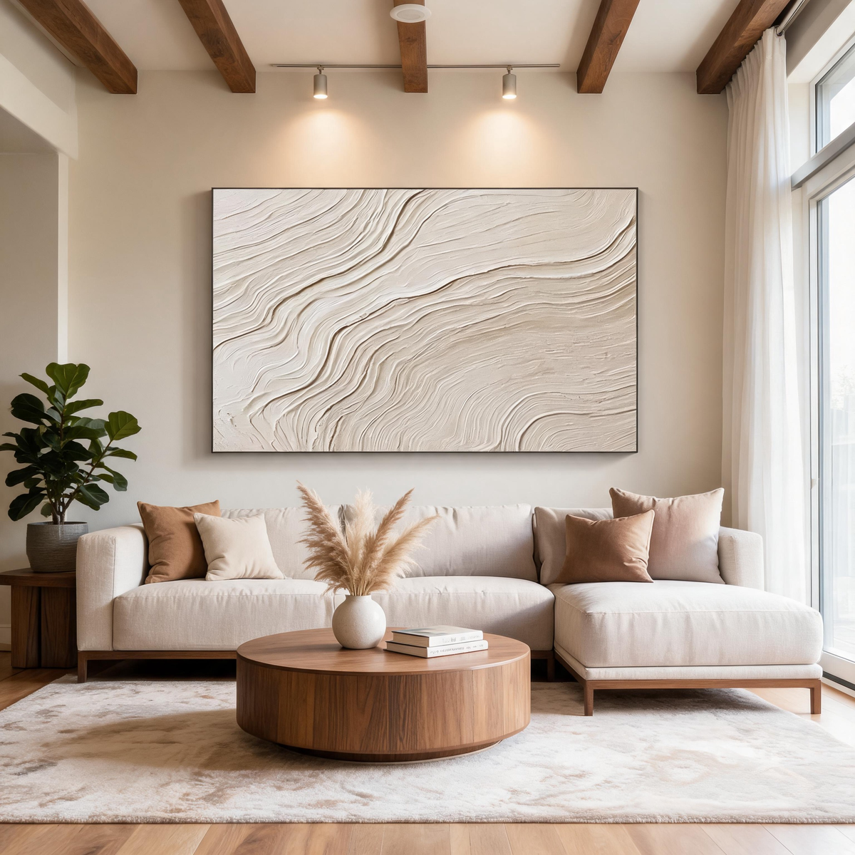 Large textured beige wall art above a contemporary sofa