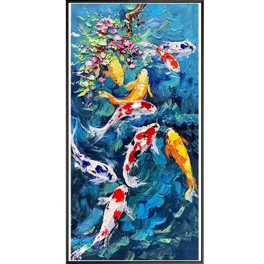 Colorful koi fish textured oil painting with blue water and flowering branch in a modern interior