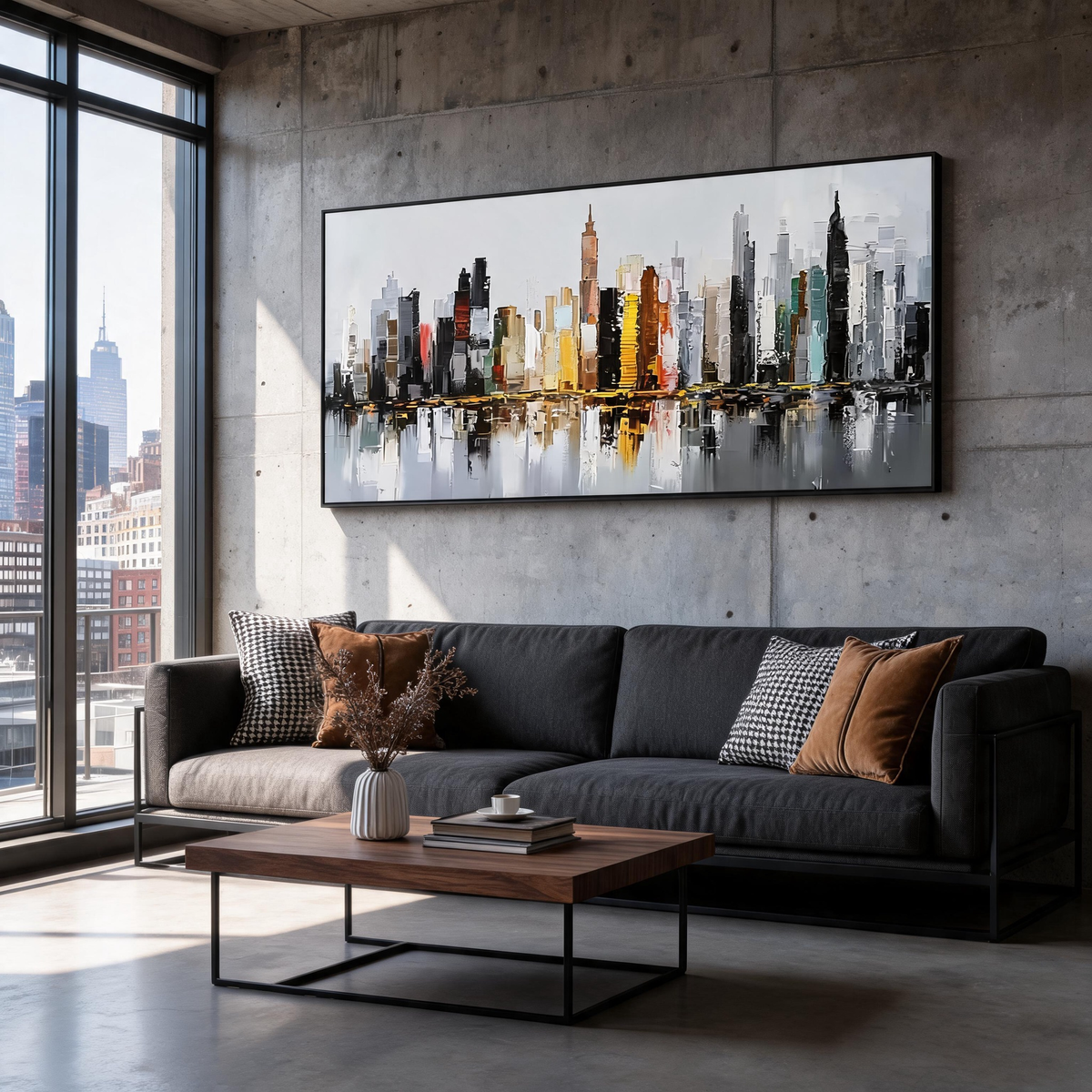 Extra large framed urban cityscape artwork in gray and orange colors